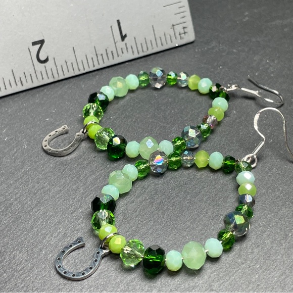 Lucky Horse Shoe Green Czech Crystal Hoop Earrings - Picture 10 of 11